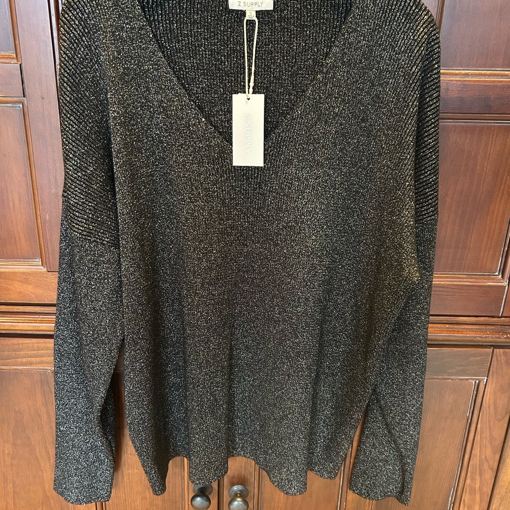 Z Supply Goldie Sparkle Metallic Black V-Neck Sweater
